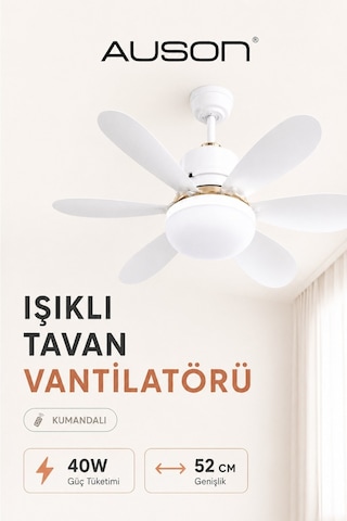 Auson Uzaktan Kumandalı Işıklı Tavan Vantilatörü E27 Duy Uyumlu 3 Işık Modu 3 Kademeli Hız Sessiz Ça