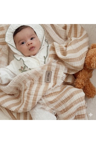 Zeypba Bebek & Çocuk İçin % 100 Pamuk 4 Katlı Müslin Örtü Bej Çizgili 110x110 CM Açık Bej