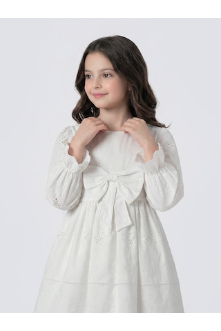 Pina Kids Kız Çocuk Uzun Kollu Önü Kurdelalı Fisto Elbise Beyaz