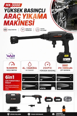 Hx-3000 Profesyonel Yüksek Basınçlı Araç Yıkama Makinesi 260 Psı 18.500 Rpm Çift Bataryalı Şarjlı Tabanca Beyaz