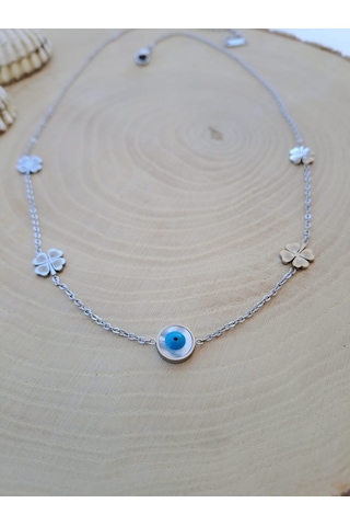 Dali Shop Nazar Boncuklu Çelik Yonca Zincir Kolye Gümüş