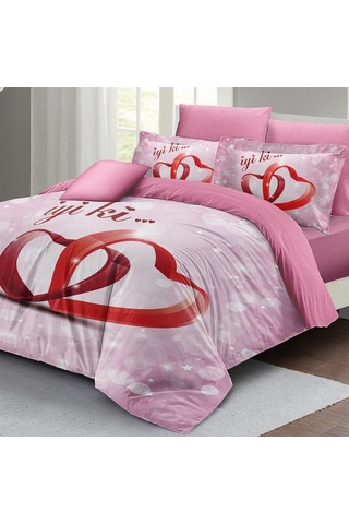 MONOHOME Sevgililer Günü Çift Kişilik Nevresim Takımı %100 Pamuk Saten İyiki Sen Çok Renkli