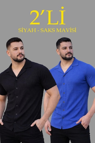 Tarzyeri Erkek Waffle Kumaş Açık Yakalı Düğmeli Regular Fit Gömlek 2 Li Set Siyah-saks Mavisi Beyaz