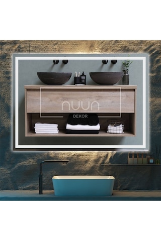 Nuun Dekor 80x60cm Beyaz Ledli Dekoratif Banyo Aynası Kumlamalı Duvar Aynası Trafolu Beyaz
