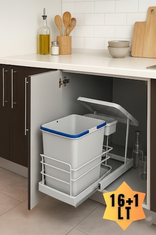 Cassone 16+1 Lt. Dolap İçi Raylı Gri Otomatik Çöp Kovası, Minimum Kapak Genişliği 40 Cm Açık Gri