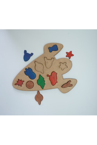Çocuklar İçin Eğitici Ve Öğretici Ahşap Yapboz Puzzle Bul Tak Uzay Aracı Mekik Roket Gezegenler Uzaylı Stil