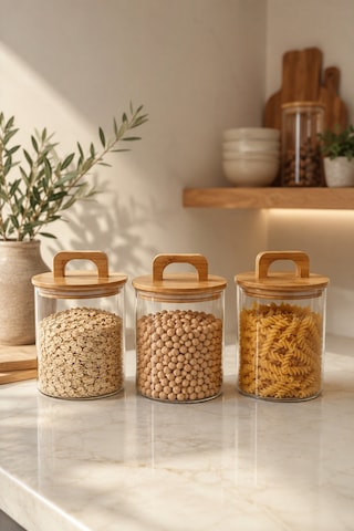 Aria- 3'lü Borosilikat Bambu Kapaklı Kavanoz 600 Ml Çizgili Şeffaf