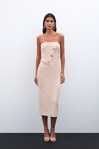 Sateen Düğme Aksesuarlı Straplez Elbise - Bej-135535 Bej