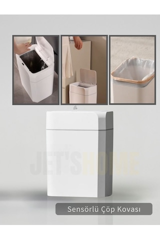 Jet's Home Sensörlü Çöp Kovası Pilli Çöp Kutusu Hareket Algılıyıcı Banyo Mutfak Çöp Atık Kutusu Beyaz
