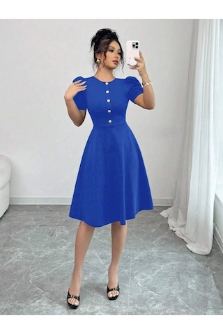 Defymoda Kadın Kısa Kollu Bisiklet Yaka Önden Düğmeli Ithal Krep Elbise Saks Mavi