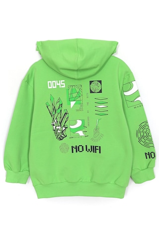 Ön Arka Baskılı Kapüşonlu Erkek Çocuk Mevsimlik Sweatshirt 1990 Yeşil