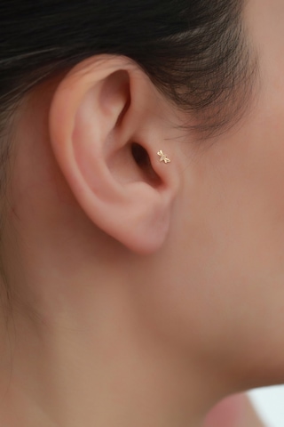14 Ayar Altın Taşlı Kelebek Tragus Piercing Sarı
