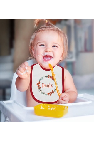 BK Kids Kişiye Özel Harfli İsimli Tasarımlı Kırmızı Mama Önlüğü Kırmızı