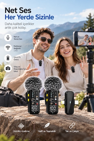 2.4g Kablosuz Çift Mikrofonlu Yaka Mikrofonu İçerik Üretim Seti - Bayi Depom
