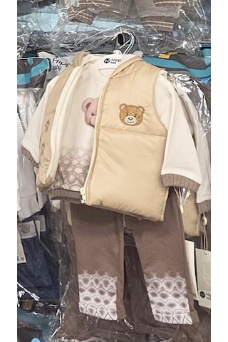 Bilge Trend Erkek Bebek , Ayıcık Desenli Kapüşonlu Şişme Yelek , Tişört , Pantolon 3 Parça Kışlık Takım Bej