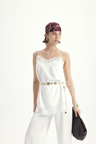 Mai Collection Mai Studios Co. Maris Dantel Detay Beyaz Saten Pantolon Takım Beyaz