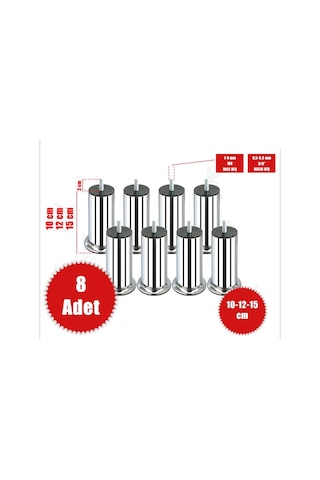 Ademkocplastik 10 - 12 - 15 Cm Metal Krom Baza Koltuk Kanepe Sehpa Ayağı 8 Adet