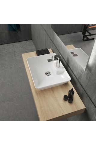 Q-Smooth Line Tezgah Üstü Lavabo Batarya Delikli 52x40 CM Beyaz
