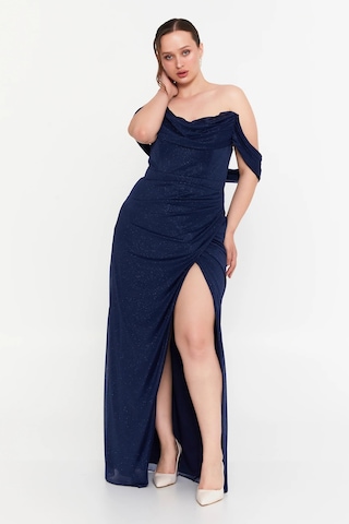 Doridorca Kadın Büyük Beden Düşük Kollu Uzun Abiye Elbise 6149 Lacivert Lacivert