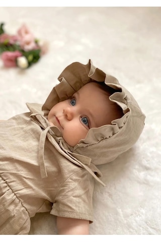 Meri Baby Pamuk Keten Fırfırlı Bej Siperli Bebek Şapkası Bej