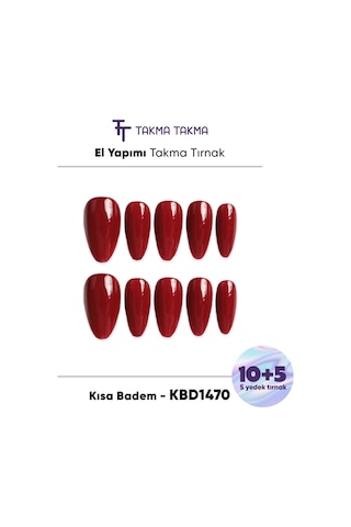 15'li Bordo Kısa Badem Kbd1470 - Tekrar Kullanılabilir El Yapımı Protez Takma Tırnak Xs