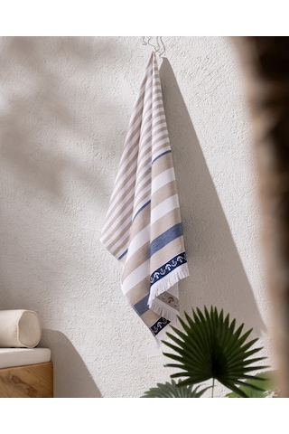 Madame Coco Alix %100 Pamuk Plaj Havlusu - Bej/lacivert - 70x150 Cm 8684427310359 Çok Renkli