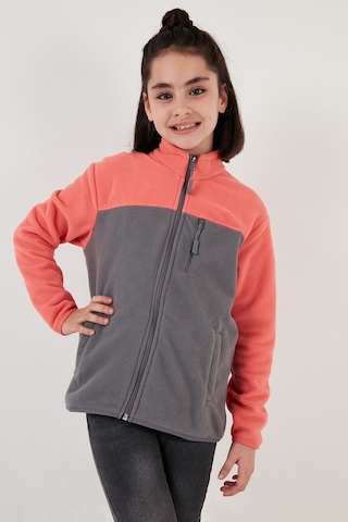 Lela Yumuşak Dokulu Fermuarlı Renk Bloklu Dik Yaka Cepli Hırka Unisex Çocuk Polar 5905001 Somon-Gri