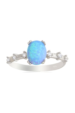 925 Ayar Gümüş Yüzük Oval Mavi Opal Taş Vintage Yüzük