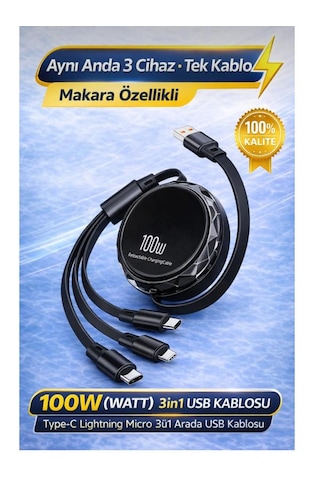 Arenist 100w Watt 3in1 Usb Kablosu Type-c Lightning Micro 3ü1 Arada Usb Kablosu Makara Özellikli