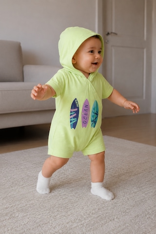 Babyhola Kapüşonlu Ocean Baskılı Kısa Kollu Unisex Bebek Tulum 10231 Yeşil