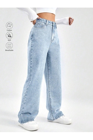 Kene Jeans Kadın Yüksek Bel Buz Kar Boyfriend Bol Paça Pantolon Buz Kar