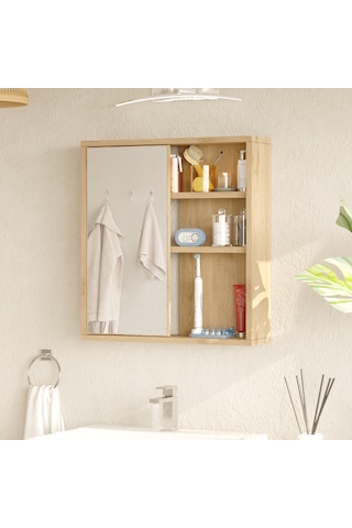 Aqua Aynalı Lavabo Üstü Banyo Dolabı Raflı Kapaklı 60cm Sepet Kahverengi