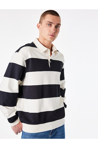 Koton Uzun Kollu Rahat Kalıp Çizgili Düğmeli Polo Yaka Sweatshirt Lacivert Çizgili 7wam70058mk