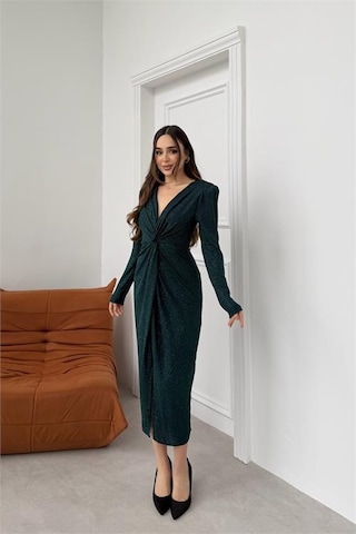 Neşeli Butik Kadın Yeşil Anvelop Büzgülü Simli Premium Midi Elbise Nbelb08 Yeşil