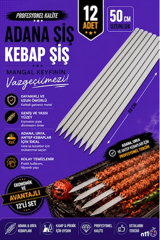 12 Adet Paslanmaz Galvaniz Adana-urfa Kebap Kuşbaşı Şişi 12 Adet Uzunluk 50 Cm