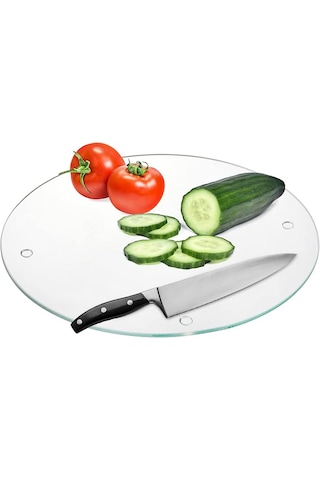 Yuvarlak Cam Kesme Tahtası Daire Sunumluk 30 Cm Çap Bella Vetro Temperli Cam Şeffaf