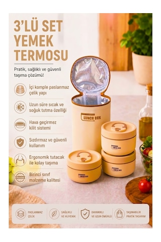 Paslanmaz Çelik Yemek Termosu 3'lü Set 304 Çelik - Termal Çantalı Bej