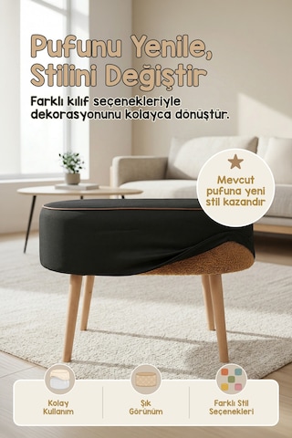 Yıkanabilir Puf Tabure Kılıfı Tak-Çıkar-Değiştir-Yenile Orta Sehpa Kılıfı 59x37x17 Meek Siyah