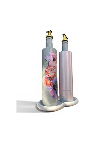 750 Ml Büyük Boy El Yapımı Cam Yağdanlık Sirkelik 2'li Set Çiçek Desenli Ve Çizgili Dekoratif Zeyt Pembe Ve Beyaz