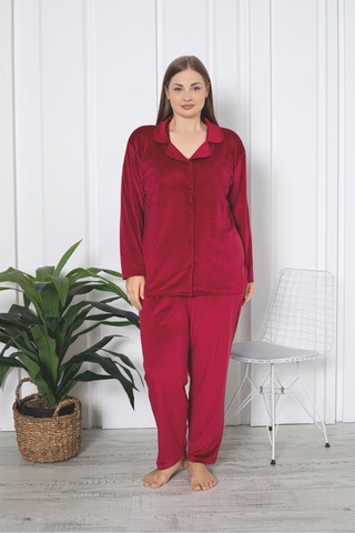 Büyük Beden Boydan Düğmeli Kadife Pijama Takımı Kırmızı