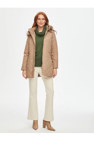 Faik Sönmez Kürk Kapüşonlu Kapitone Kadın Kaban B00041 Bej