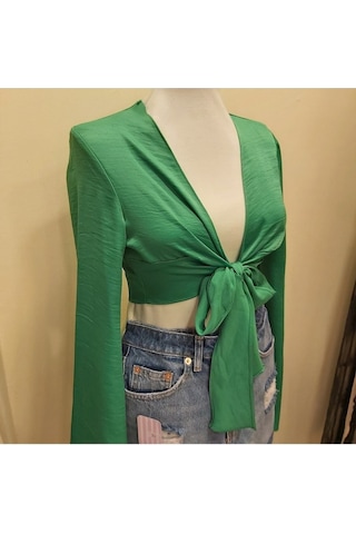 Fashion Cocktail Saten Önden Bağlamalı Dekolte Sexy Gece Kokteyl Kombin Uzun Kol Krop Bluz Yeşil