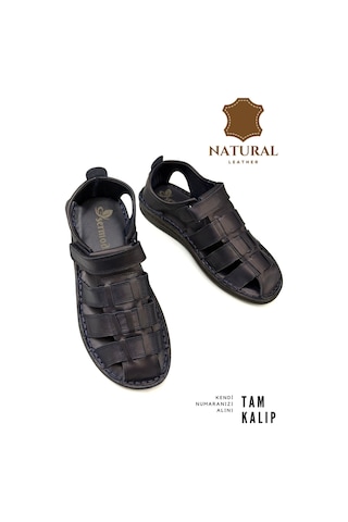Sermoda %100 Hakiki Deri Burnu Kapalı Erkek Sandalet Lacivert