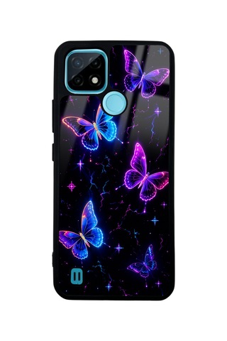 Realme C21 Neon Butterfly Dream Tasarımlı Glossy Telefon Kılıfı Mavi