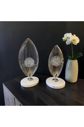 Silver Aura Metal Dekoratif Obje Mermer Tabanlı Modern Salon Aksesuarı İkili Set