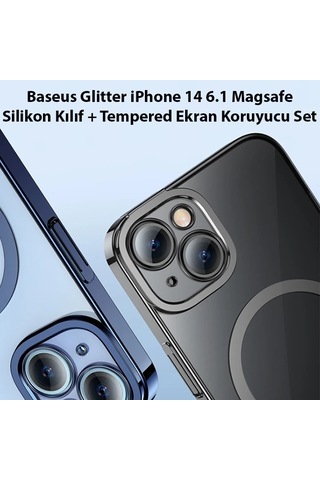 Baseus Glitter Apple iPhone Uyumlu 14 6.1 Magsafe Silikon Kılıf + Tempered Ekran Koruyucu Set- 5775 Mavi