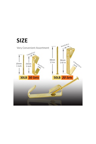Jeehugo Altın Renkli Duvar Çerçeve Demiri Kanca Seti - 30 Adet 30lb + 20 Adet 50lb Çivi İle Tamamlanmış Toplam 50 Set Diğer