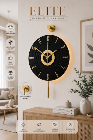 MetaQuartz Aksesuar Kardelen Gold Siyah Ledli 12 - 24 Duvar Saati Siyah - Gold