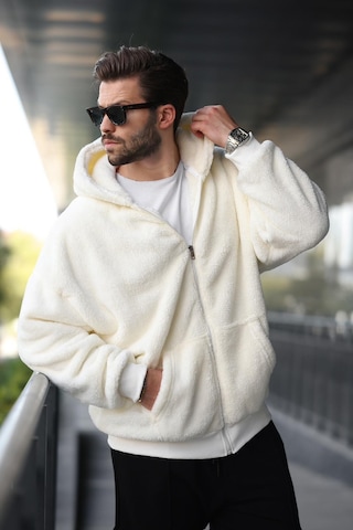 Madmext Ekru Peluş Over Fit Kapüşonlu Fermuarlı Erkek Sweatshirt 6049 Ekru