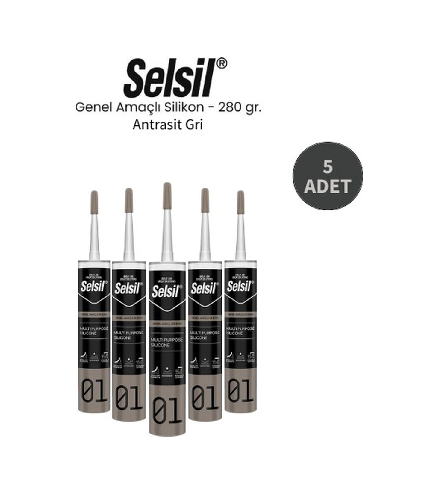 Selsil Genel Amaçlı Antrasit Gri Silikon 280 Gr. 5 Adet Antrasit Gri